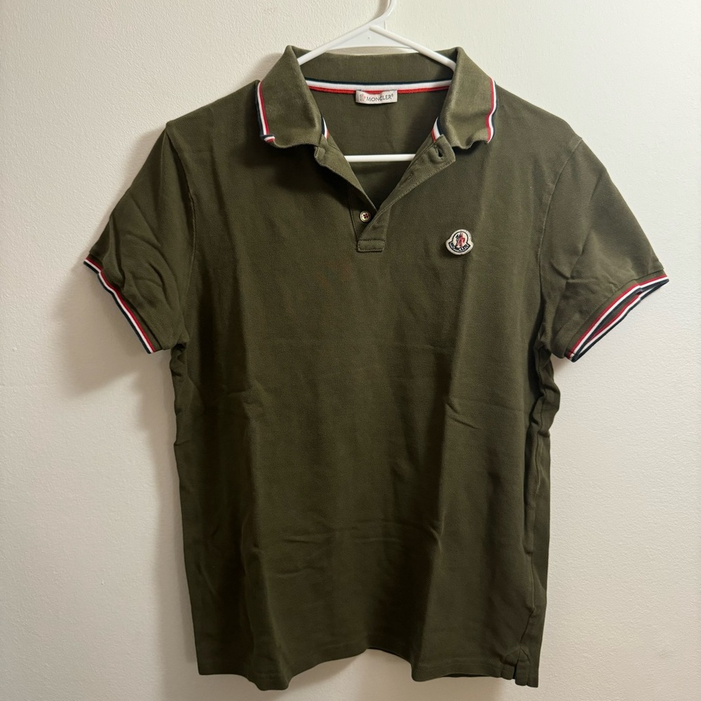 Moncler Olive Tricolor Collar Polo Shirt
